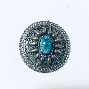 Scarab Beetle Nefertiti Silver Color Metal + Turquoise Blue Color Pendant